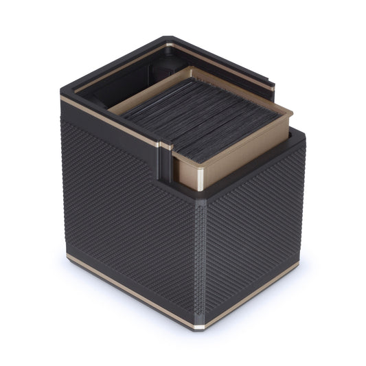 Black and gold deck box on a white background with its lid removed.