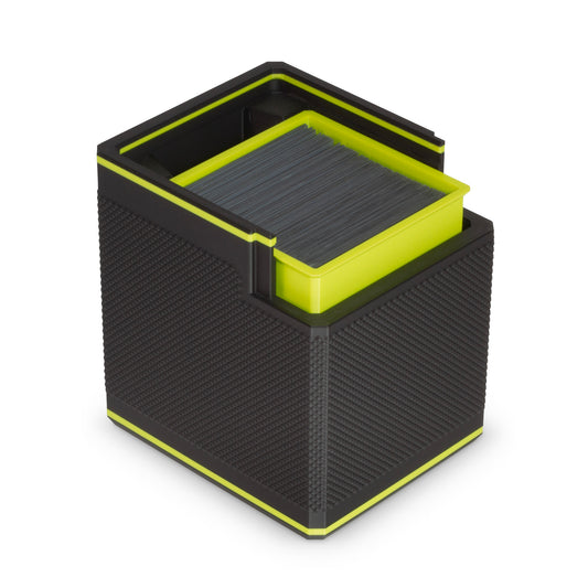 Black and bright green deck box on a white background with its lid removed.