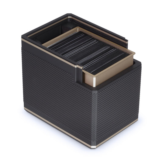 Black and gold double sleeved deck box on a white background with its lid removed.