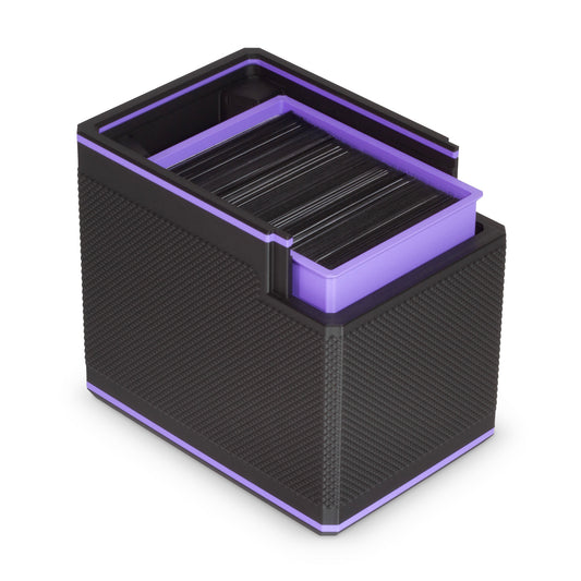 Black and purple double sleeved deck box on a white background with its lid removed.