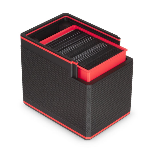Black and red double sleeved deck box on a white background with its lid removed.