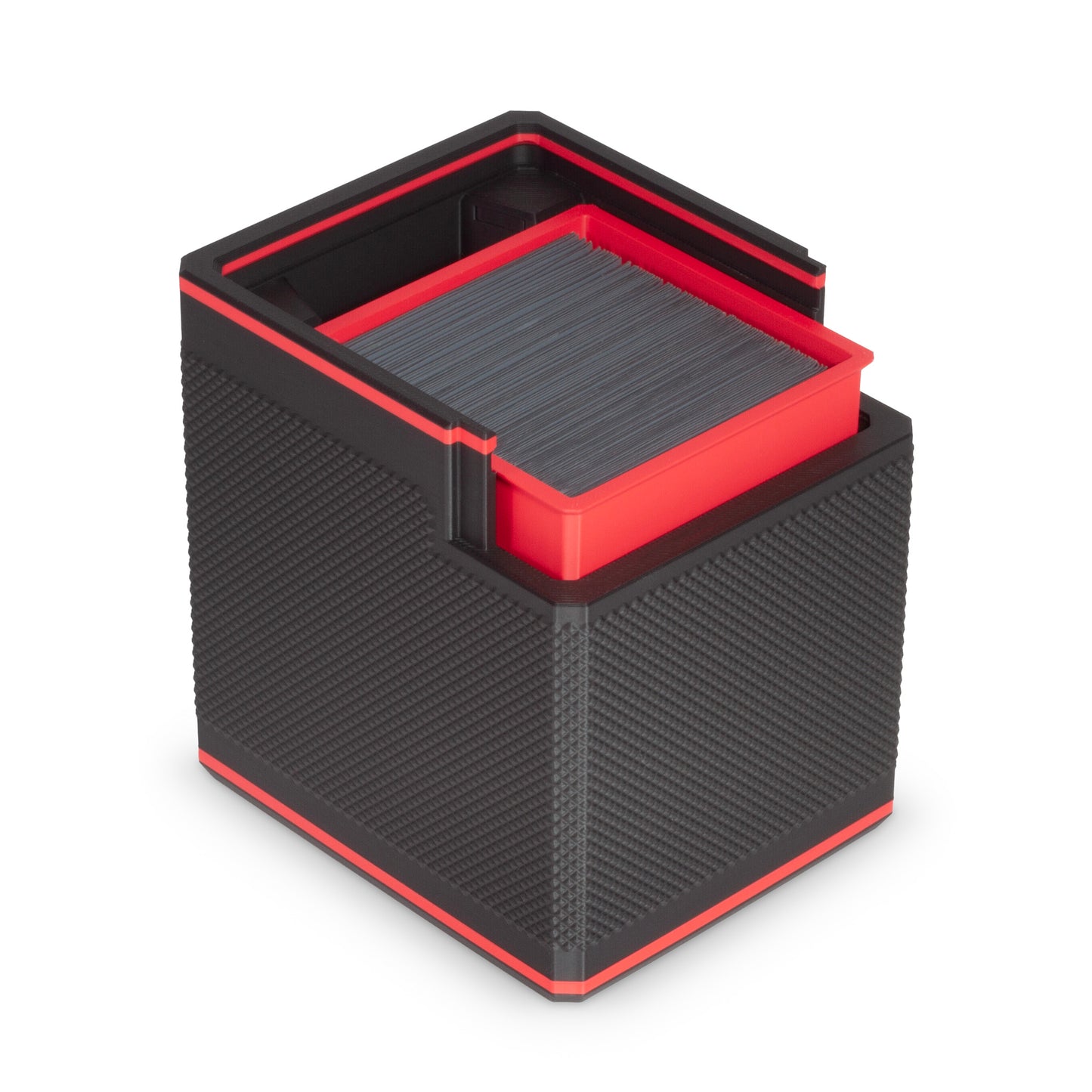 Bullseye Red MTG Commander deck box shown at an angle on a black background