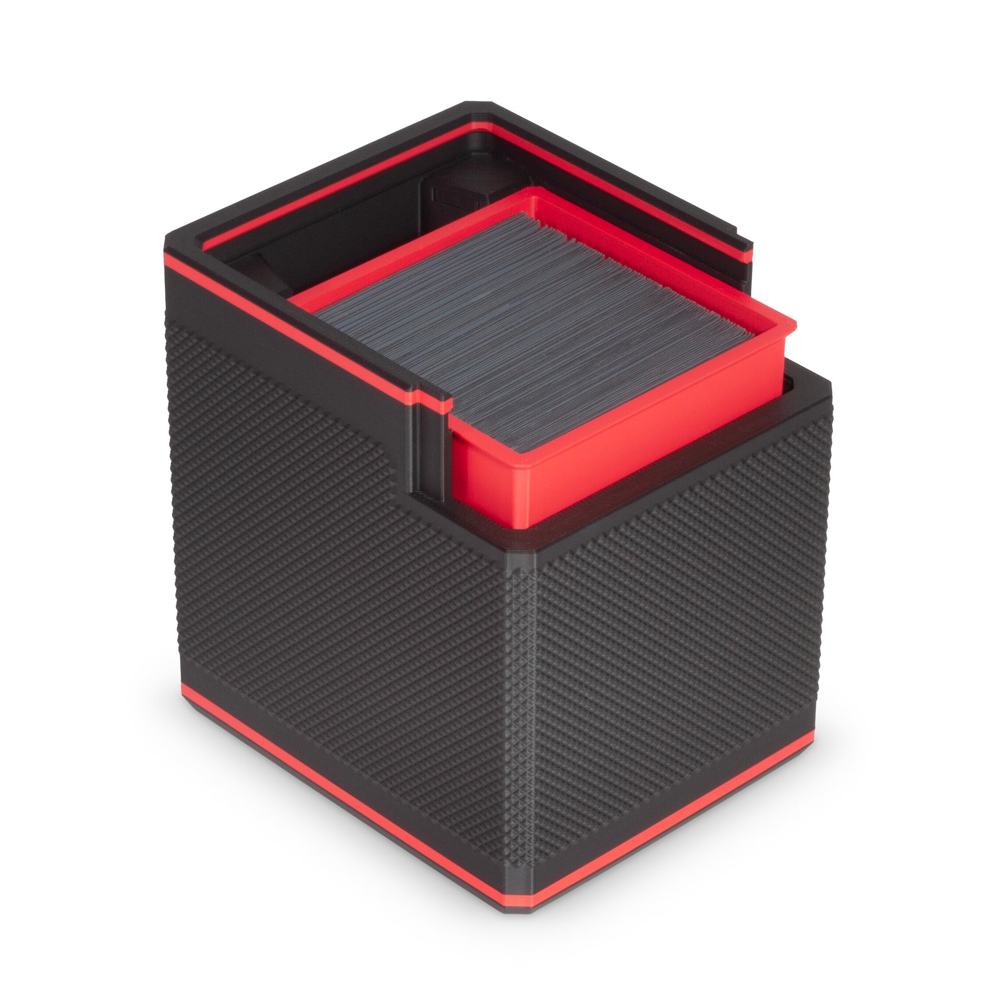 Bullseye Red MTG Commander deck box shown at an angle on a black background