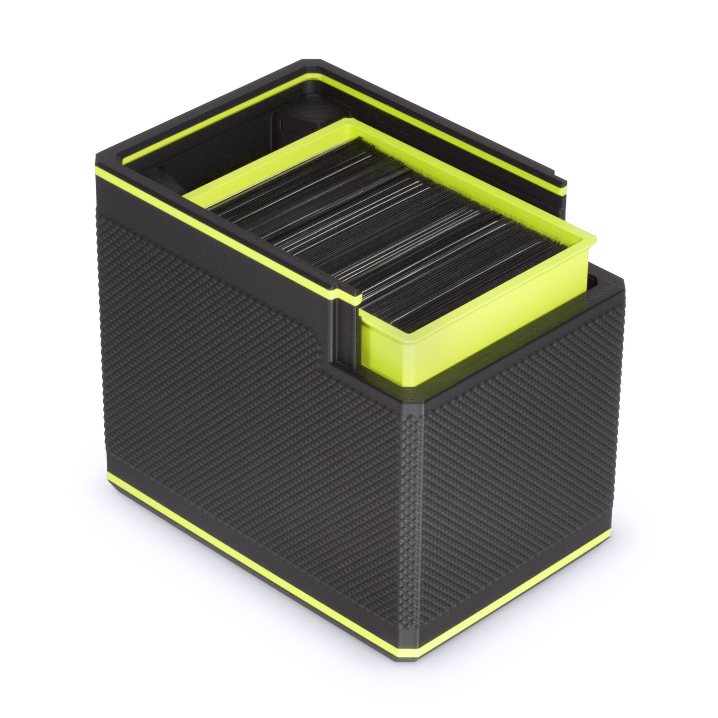 Hi-Vis Green MTG Commander Deckbox XL shown at an angle on a black background