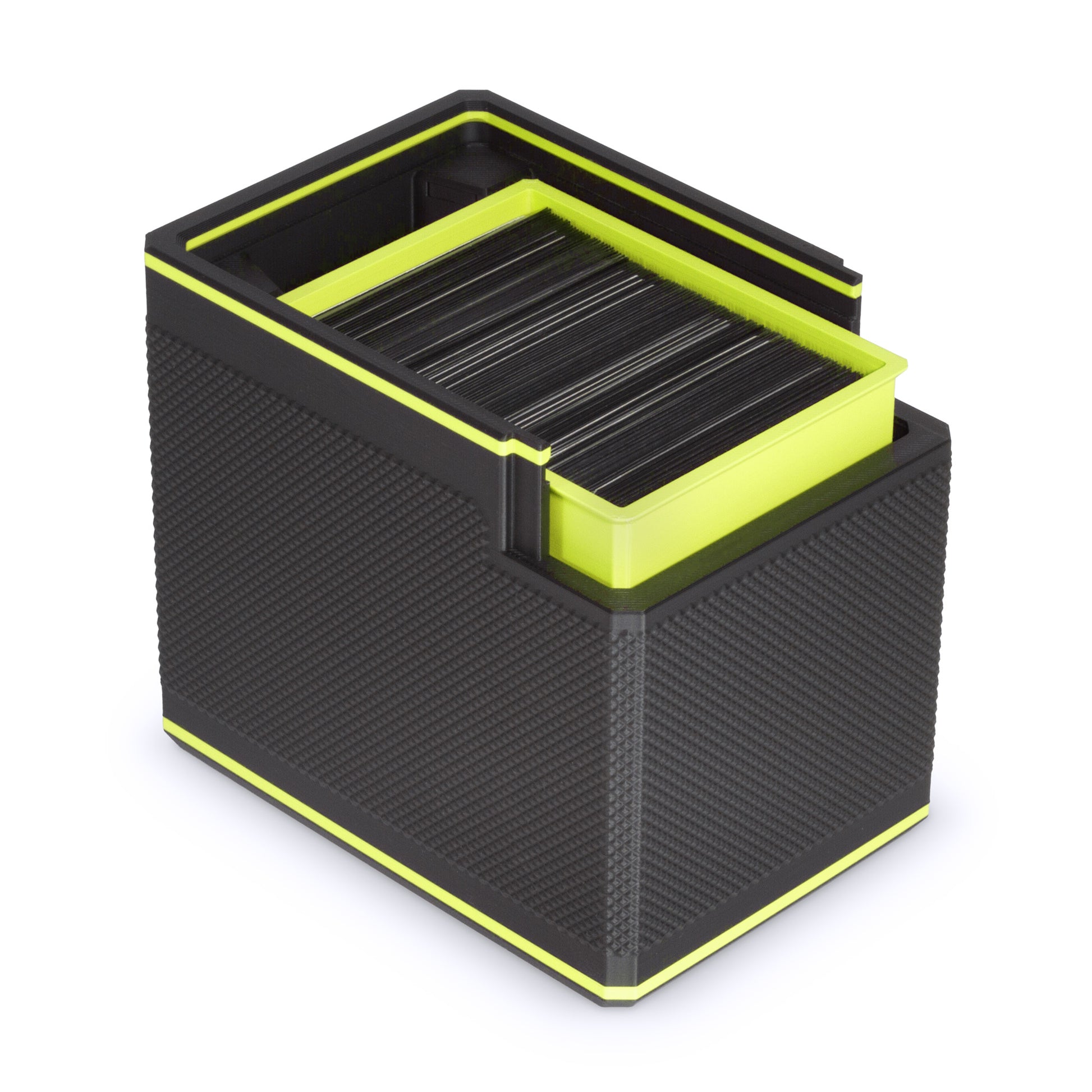 Hi-Vis Green MTG Commander Deckbox XL shown at an angle on a black background