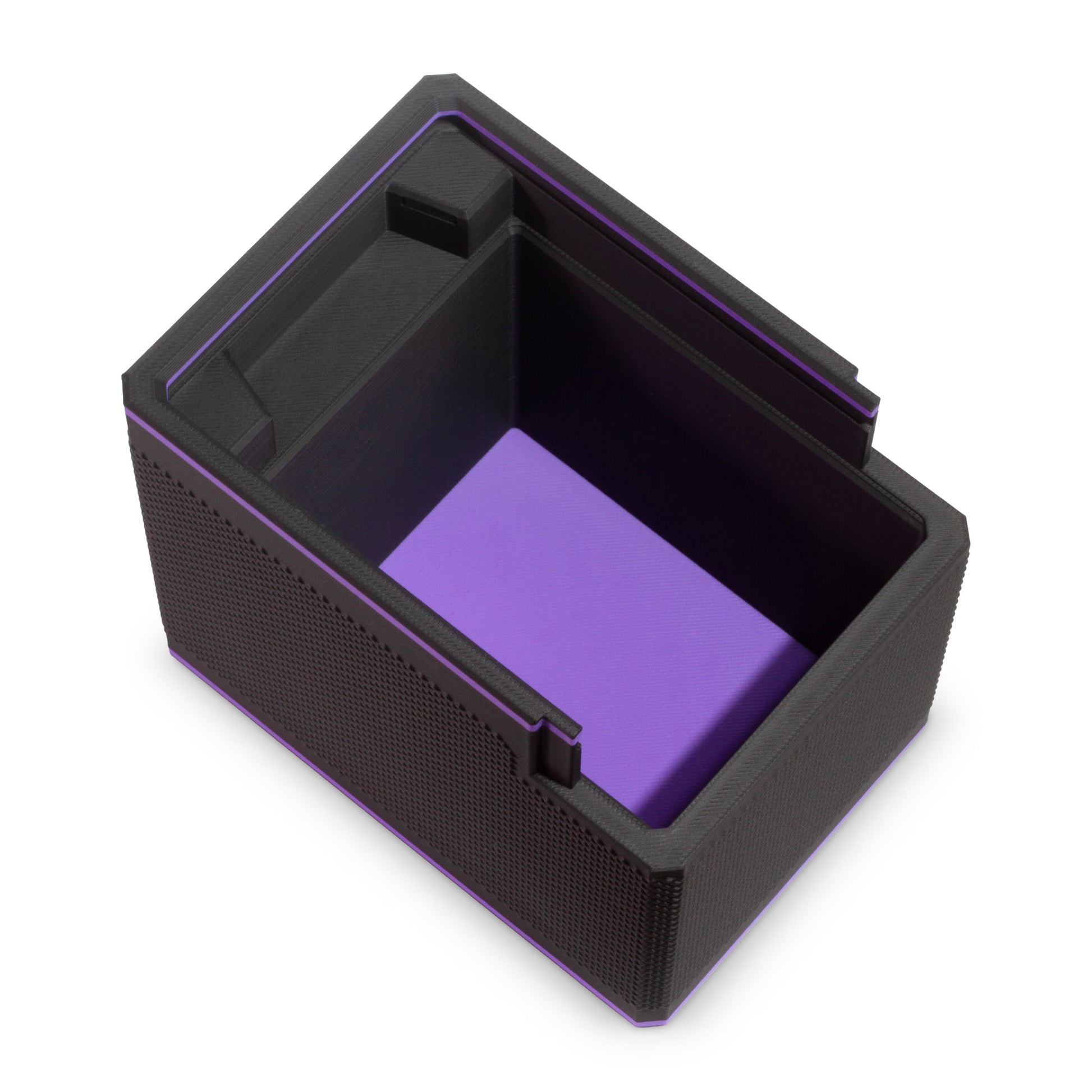 Sonar Purple MTG Commander Deckbox XL shown at an angle on a black background